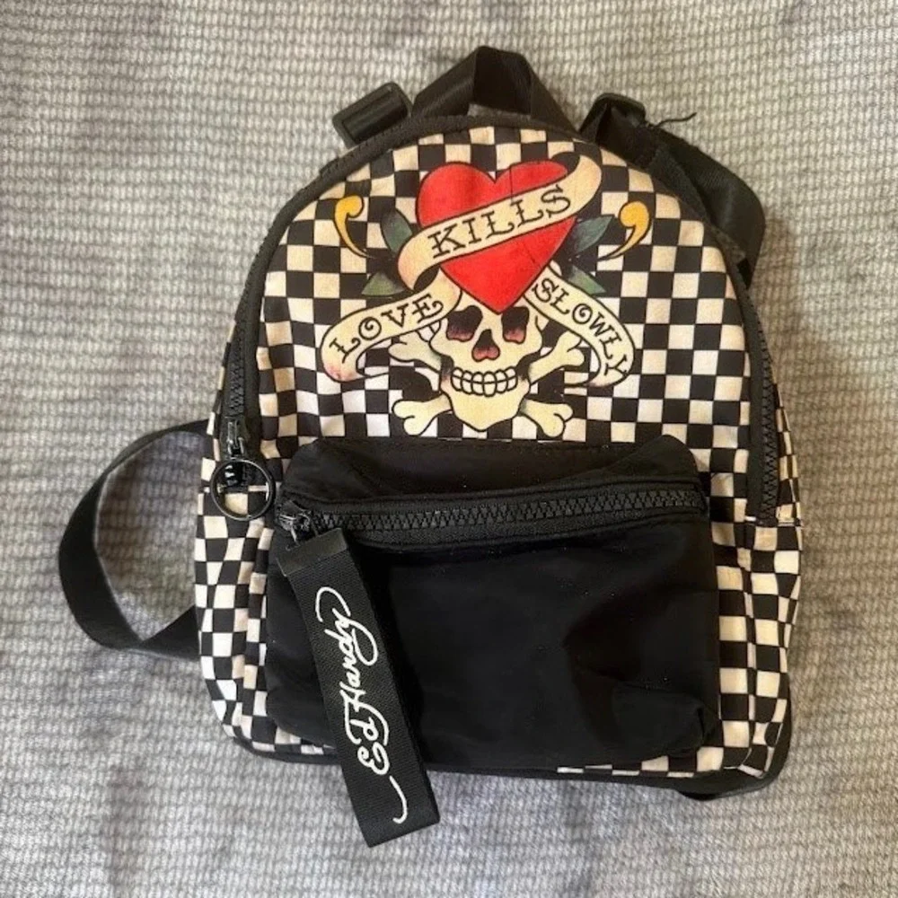 Ed Hardy Love Kills Slowly Mini Backpack Checkered Skull Heart Y2K Black White